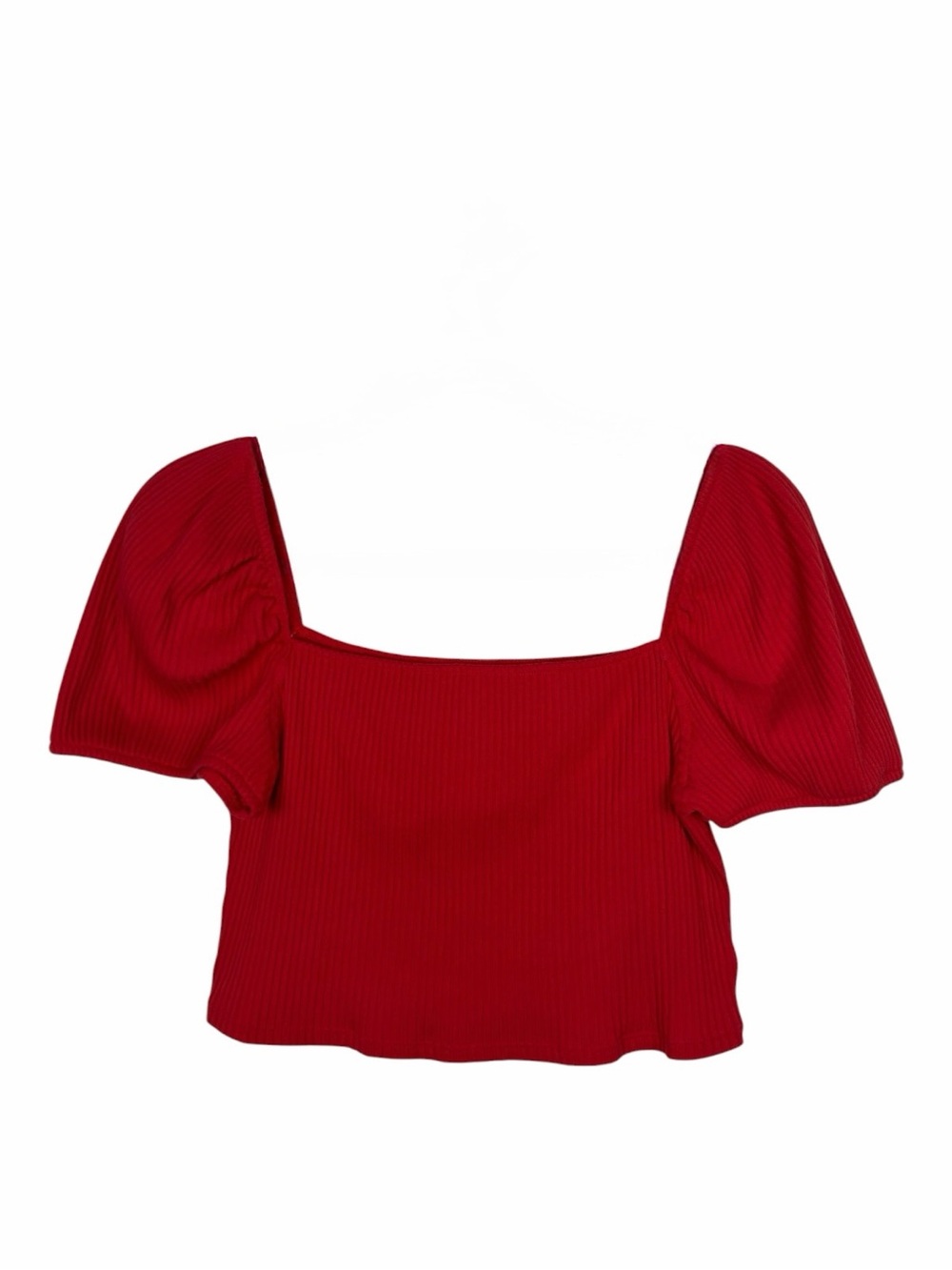 H&M NWT Women’s Red Short Balloon Sleeve Ribbed Cropped Top.  Size Large.